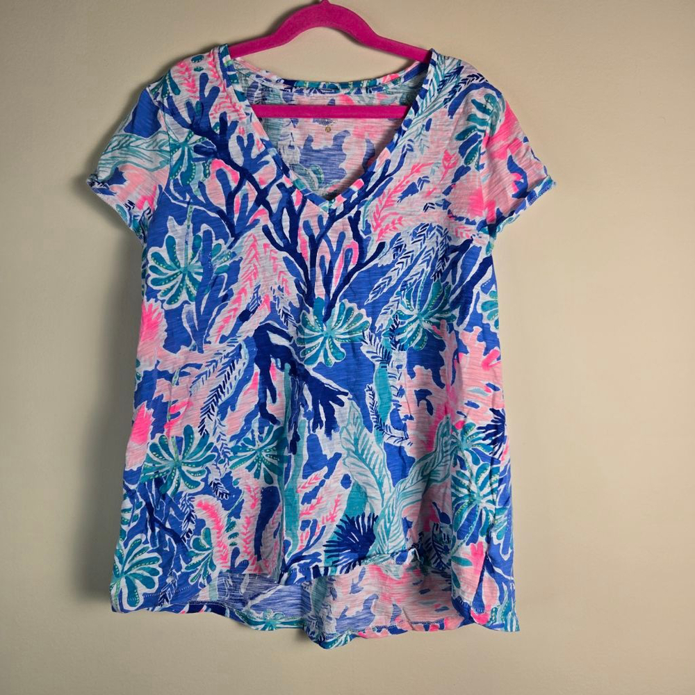 Women's Lilly Pulitzer Blue Pink Coral Print Short Sleeve Tee S